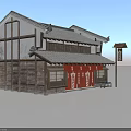 Traditional Two Story Building With Gray Tiled Roof Wooden Frame White Walls And Red Doors