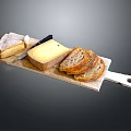 Assorted Cheese Blocks And Sliced Bread On Wooden Serving Board With Cheese Knife