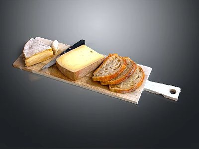 Assorted Cheese Blocks And Sliced Bread On Wooden Serving Board With Cheese Knife 3d model