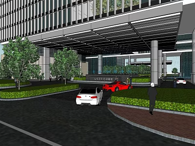 Modern Office Building With Glass Curtain Wall Entrance Canopy And Landscaped Gardens 3d model