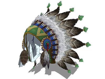 Traditional Feather Jewelry Headpiece With Colorful Decorative Details And Green Accented Feathers 3d model