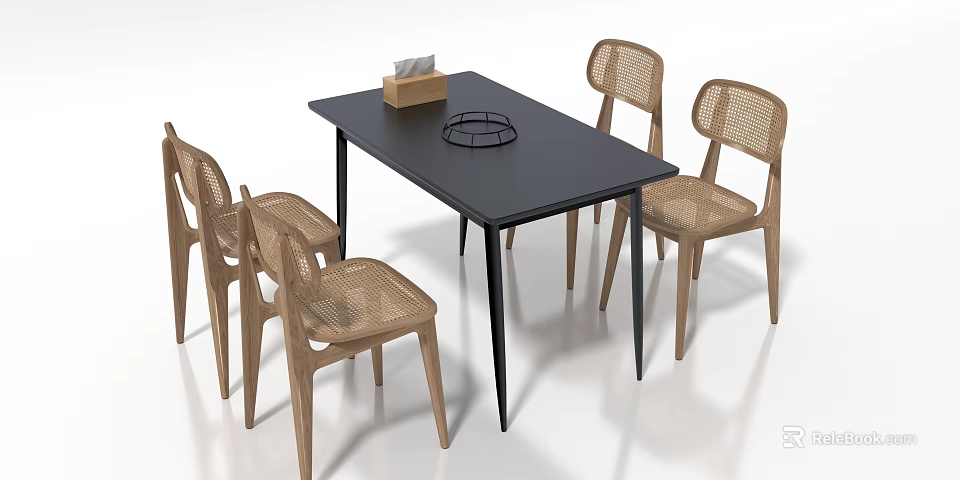 Dining Table Set with Black Tabletop Wooden Wicker Back Chairs and Tray Tissue Box 3d model 