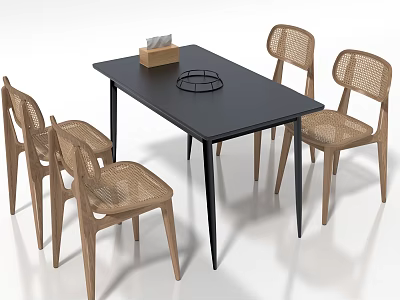 Dining Table Set with Black Tabletop Wooden Wicker Back Chairs and Tray Tissue Box 3d model