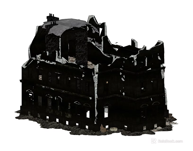 Ruined Multi storey Building Structure With Architectural Components Windows And Arches 3d model 