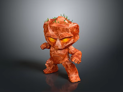 Red Stone Cartoon Decorative Figure With Green Grass Head And Yellow Glowing Eyes Standing Pose 3d model