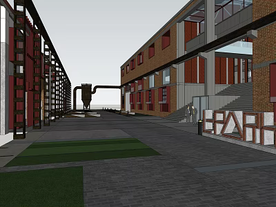 Modern Office Building Exterior With Brick Structure Steel Framework And Courtyard Walkway 3d model