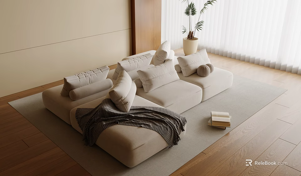 Modern Beige Sectional Sofa With Plush Cushions Throw Blanket And Indoor Plant 3d model 