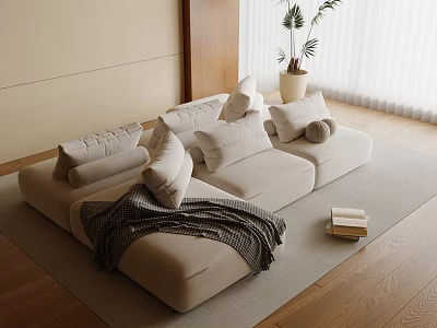 Modern Beige Sectional Sofa With Plush Cushions Throw Blanket And Indoor Plant 3d model