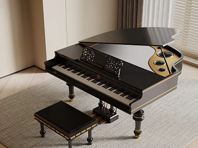Elegant Black Grand Piano With Stool In Modern Living Room Decor 3d model