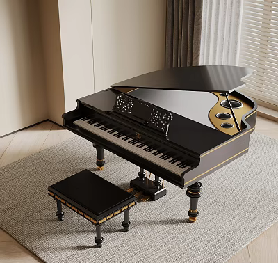 Elegant Black Grand Piano With Stool In Modern Living Room Decor 3d model