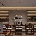 Traditional Tea Room Interior Design With Wooden Table Benches And Hanging Lights