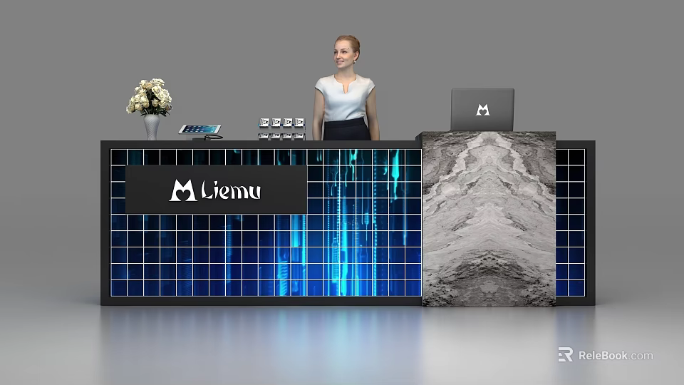 Modern Liemu Reception Desk With Blue Light Effect Marble Panel White Flowers And Laptop 3d model 