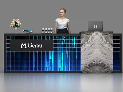 Modern Liemu Reception Desk With Blue Light Effect Marble Panel White Flowers And Laptop 3d model