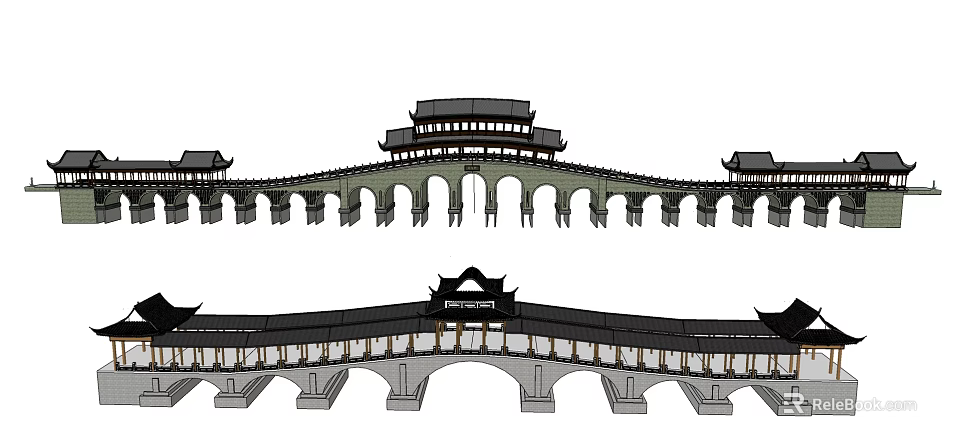 Chinese Traditional Arch Bridge Design With Pavilion Roofs And Multiple Arches 3d model 