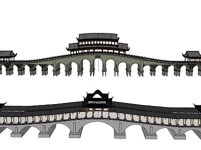 Chinese Traditional Arch Bridge Design With Pavilion Roofs And Multiple Arches 3d model