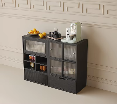 Modern Black Sideboard With Glass Doors Fruits Coffee Machine And Cups Against Light Wall 3d model