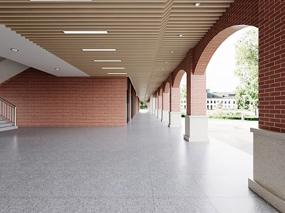 Office Corridor With Red Brick Walls Arched Doorways Wooden Ceiling And Gray Terrazzo Floor 3d model