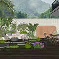 Courtyard Garden With Wooden Deck Sofa Fire Pit Dining Tables Colorful Flowers And Mountain View