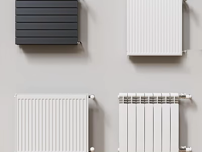 Four Different Styles of Black and White Radiators Installed on Light Colored Walls 3d model