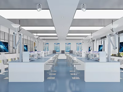 Modern Laboratory Interior Design With White Lab Benches Blue Flooring And Wall Screens 3d model