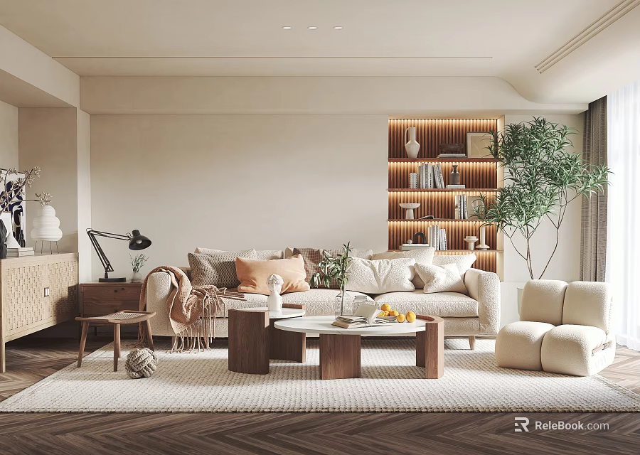 Modern Living Room Interior With Beige Sofa Wooden Coffee Table Bookshelf And Green Plant 3d model 