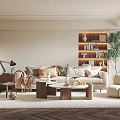 Modern Living Room Interior With Beige Sofa Wooden Coffee Table Bookshelf And Green Plant