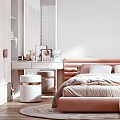 Modern Elegant Bedroom With Pink Padded Headboard White Pillows Striped Wall And Round Mirror