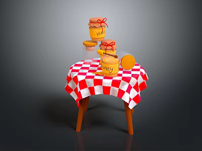 Small Wooden Table With Red And White Checkered Cloth And Stacked Honey Jars 3d model