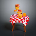 Small Wooden Table With Red And White Checkered Cloth And Stacked Honey Jars