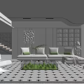 Modern Living Room Interior With White Sofa Green Cushions Glass Coffee Table And Geometric Rug