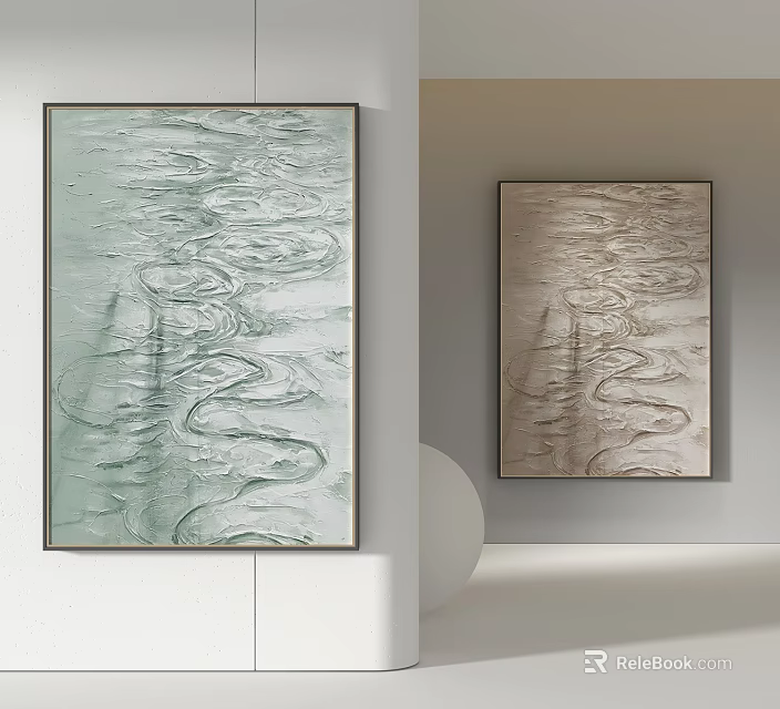 Two Abstract Textured Paintings Light Green Brown Swirl Patterns Framed Wall Decor 3d model