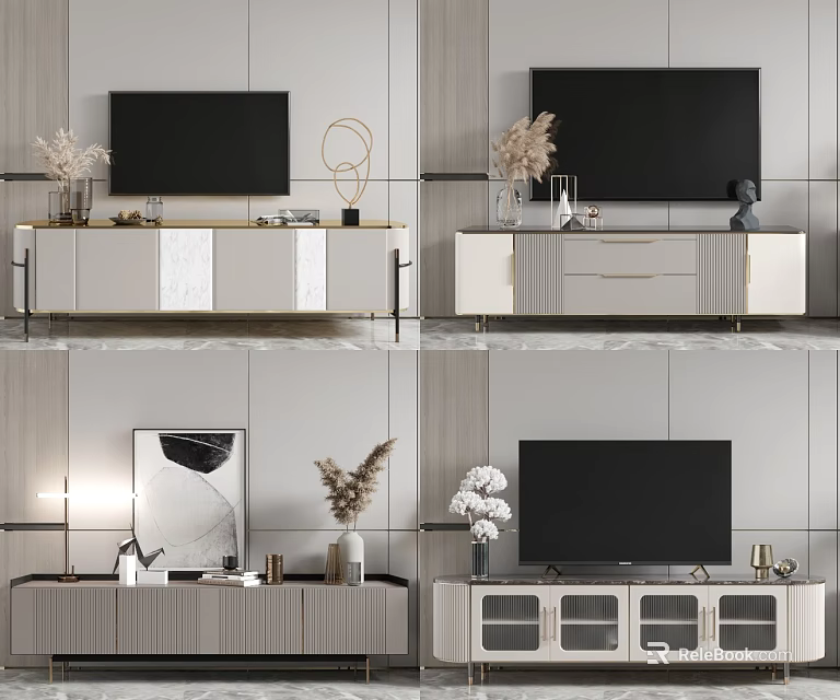 Modern TV Stand Design With Minimalist Frames Marble Panels And Decorative Dried Plants 3d model 