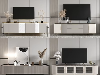 Modern TV Stand Design With Minimalist Frames Marble Panels And Decorative Dried Plants 3d model