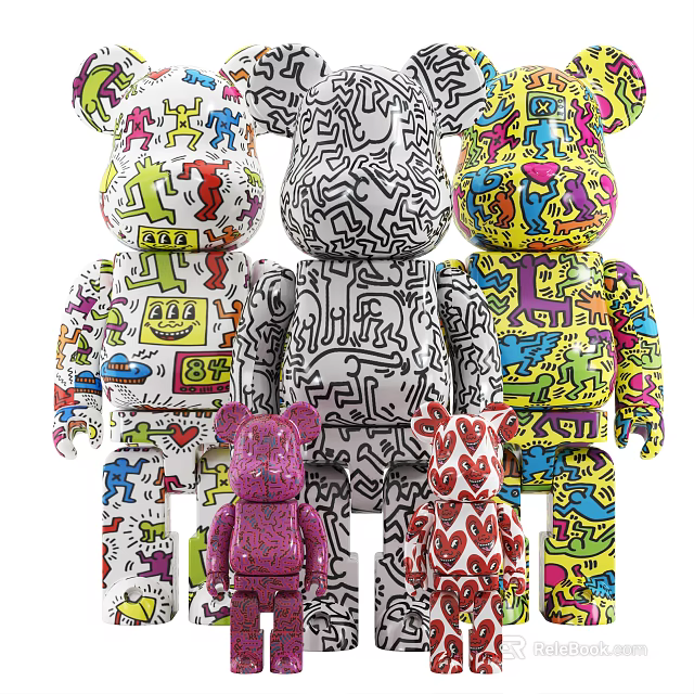 Decorative Ornament Set with Bearbrick Figures Colorful Graffiti Artistic Black White Pink Red Heart Patterns 3d model 