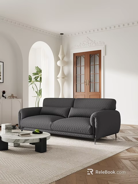 Modern Gray Textured Sofa and Round Coffee Table Set with Green Plant and Wooden Door 3d model 