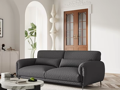Modern Gray Textured Sofa and Round Coffee Table Set with Green Plant and Wooden Door 3d model