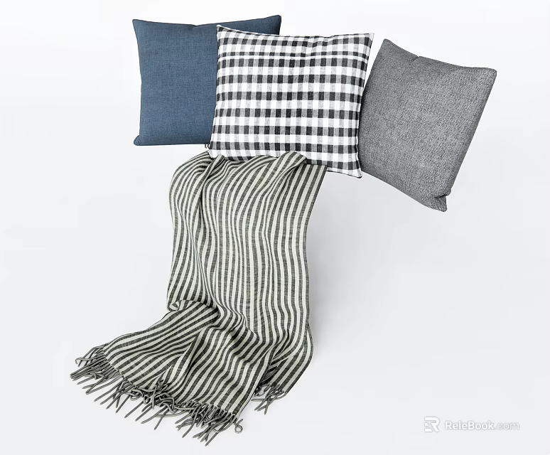 Cozy Decorative Throw Pillows in Blue Black White Checkered and Gray with Striped Blanket 3d model 