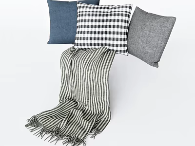 Cozy Decorative Throw Pillows in Blue Black White Checkered and Gray with Striped Blanket 3d model