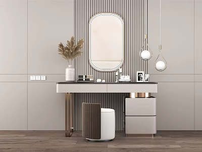 Modern Minimalist Dressing Table With Oval Mirror Pendant Lights And Decorative Items 3d model