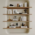 Modern Decorative Ornaments And Figurines Set On Wooden Shelves With Books Bicycle Model And Sculptures