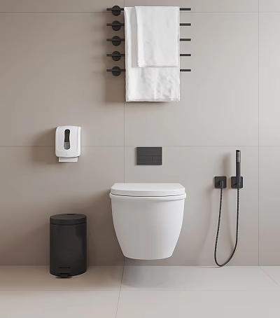 Modern Wall Hung Toilet Bathroom Interior With Soap Dispenser Trash Can And Towel Rack 3d model