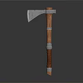 Vintage Battle Axe With Metal Head And Wooden Handle Decorated With Metal Rings