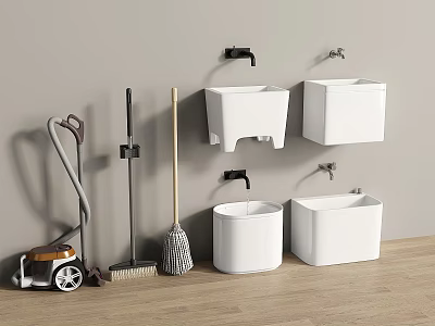 Cleaning Tools And White Square Containers On Wooden Floor With Gray Wall 3d model