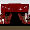Elegant Wedding Stage Setup With Red Curtains Floral Arrangements And Chandeliers