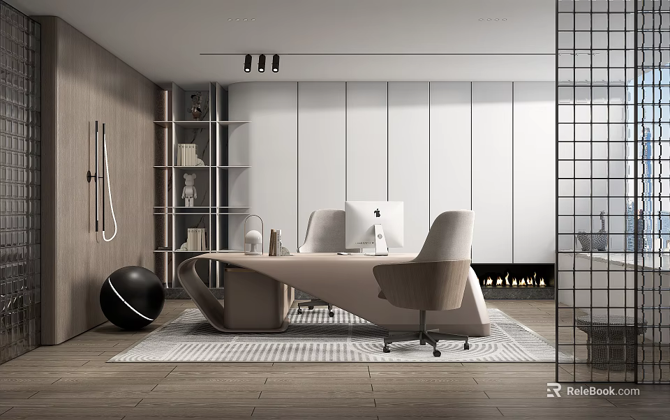 Modern Office Interior Design With Desk Chair Computer Bookshelf Decorative Ball And Rug 3d model 