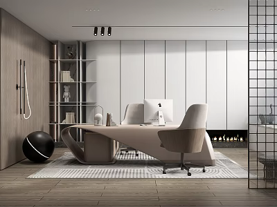 Modern Office Interior Design With Desk Chair Computer Bookshelf Decorative Ball And Rug 3d model
