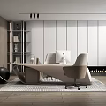 Modern Office Interior Design With Desk Chair Computer Bookshelf Decorative Ball And Rug