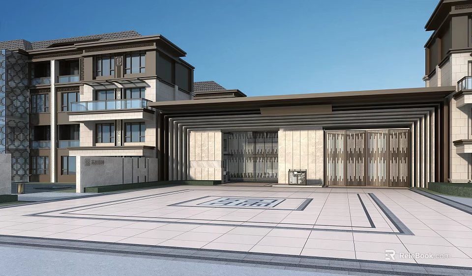Modern Entrance Gate Of Contemporary Building With Geometric Pavement And Stone Facade 3d model 