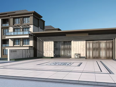 Modern Entrance Gate Of Contemporary Building With Geometric Pavement And Stone Facade 3d model