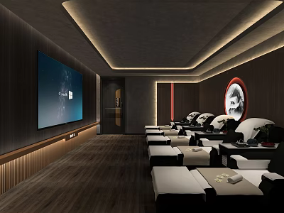 Modern SPA Sauna Room Interior With Comfortable Recliners Large Screen TV And Soft Lighting 3d model